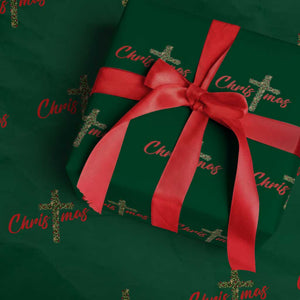 Christian Xmas Wrapping Paper Roll Cross Lights Faith TS14 Green Print Your Wear