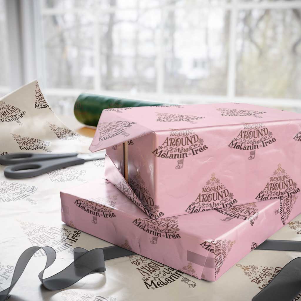 Christmas African American Wrapping Paper Roll Rockin' Around The Melanin Tree Xmas TS11 Light Pink Print Your Wear
