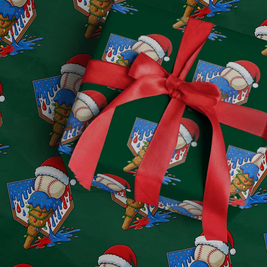 Christmas Baseball Ice Cream Drip Wrapping Paper Roll Santa Sports Player Xmas Light Boys Baseball Bat TS10 Green Print Your Wear