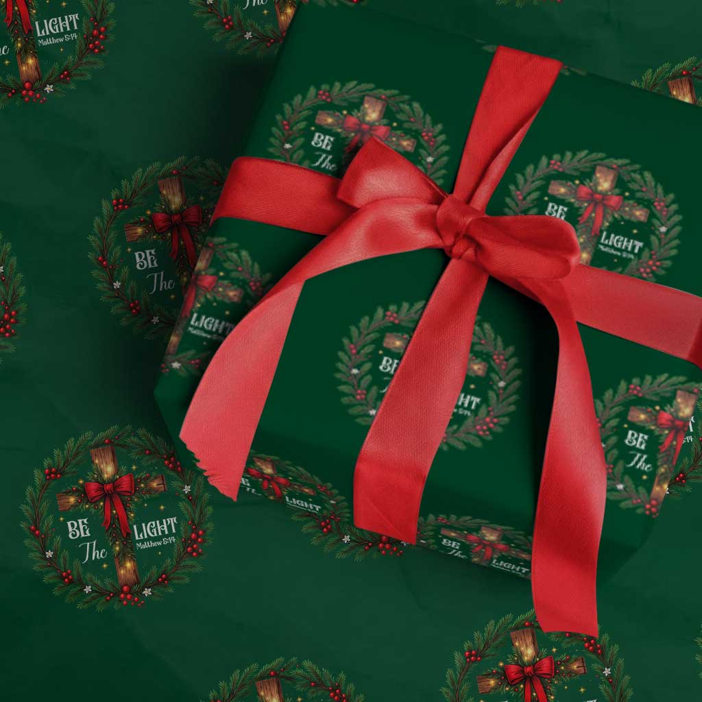 Christmas Be The Light Wrapping Paper Roll Christian Xmas Holiday Wreath Cross TS11 Green Print Your Wear