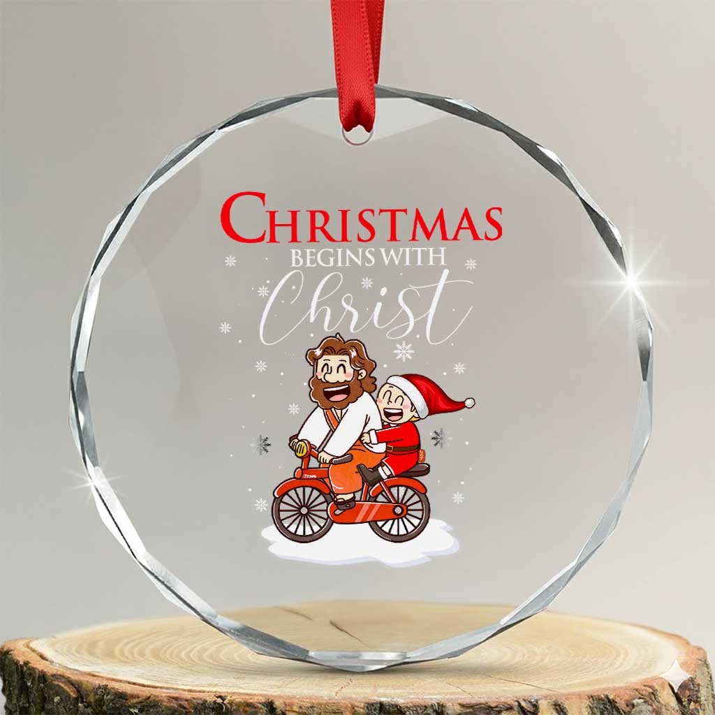 Christmas Begins With Christ Crystal Glass Ornament Jesus Santa Riding Bicycle TS09 Transparent Glass 3'' Circle Print Your Wear