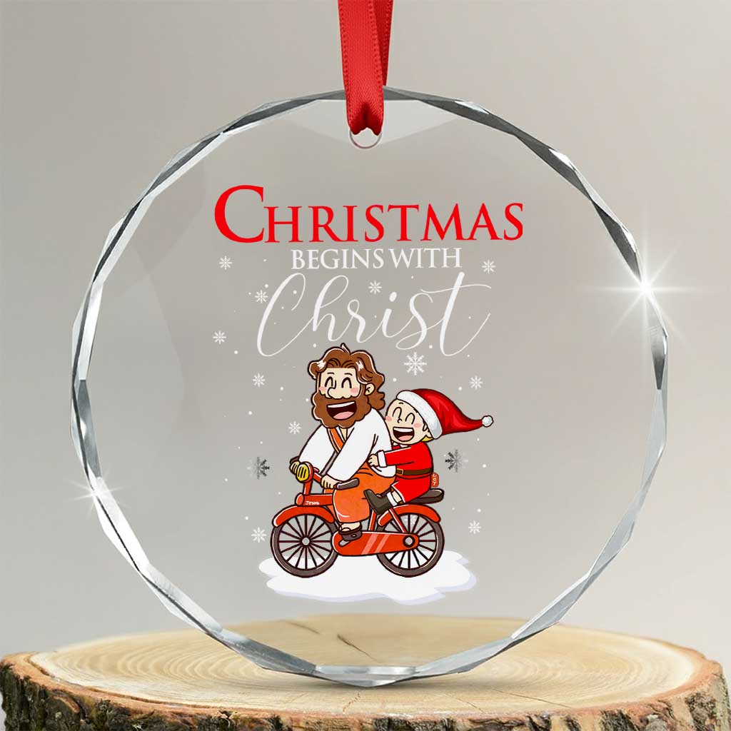 Christmas Begins With Christ Crystal Glass Ornament Jesus Santa Riding Bicycle TS09 Transparent Glass 3'' Circle Print Your Wear