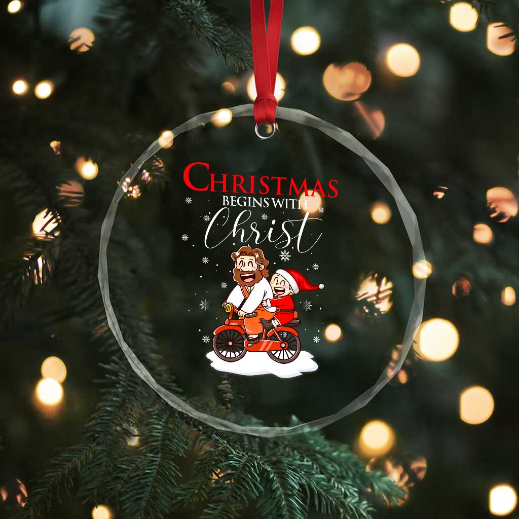 Christmas Begins With Christ Crystal Glass Ornament Jesus Santa Riding Bicycle TS09 Print Your Wear