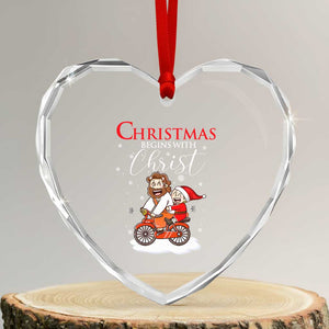 Christmas Begins With Christ Heart Crystal Glass Ornament Jesus Santa Riding Bicycle TS09 Transparent Glass 3'' Heart Print Your Wear