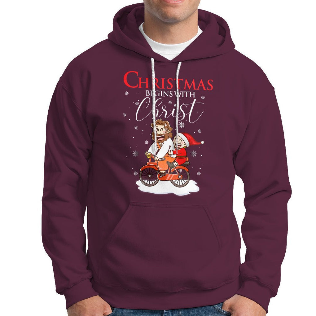 Christmas Begins With Christ Jesus Santa Riding Bicycle Hoodie TS09 Maroon Printyourwear