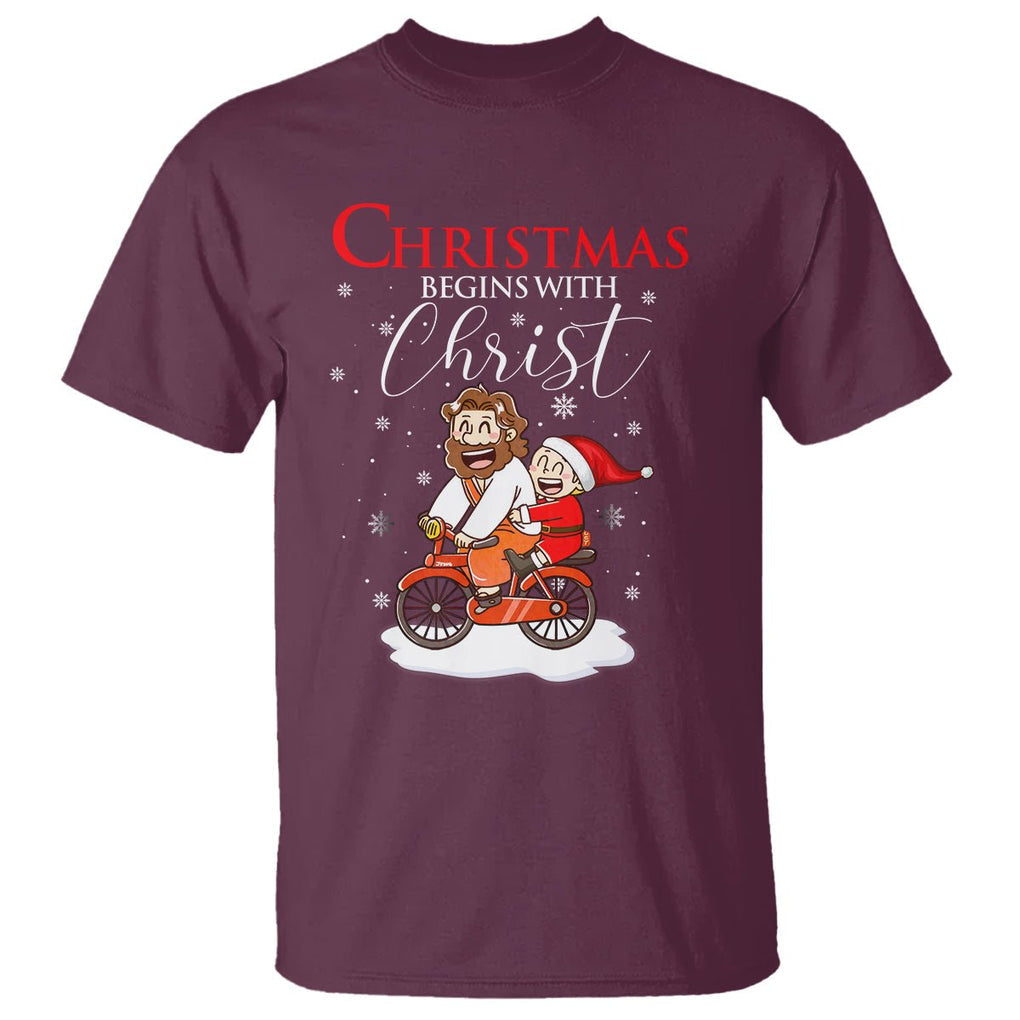 Christmas Begins With Christ Jesus Santa Riding Bicycle T Shirt TS09 Maroon Printyourwear