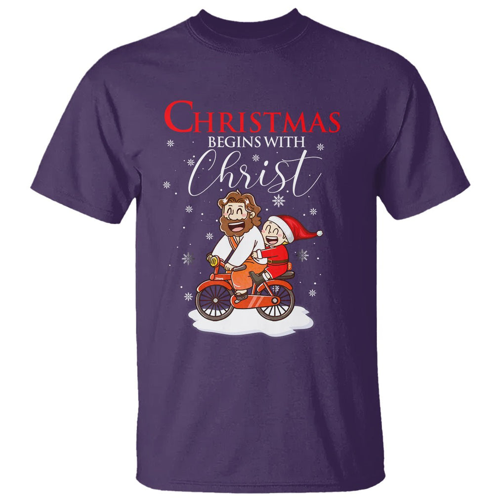 Christmas Begins With Christ Jesus Santa Riding Bicycle T Shirt TS09 Purple Printyourwear