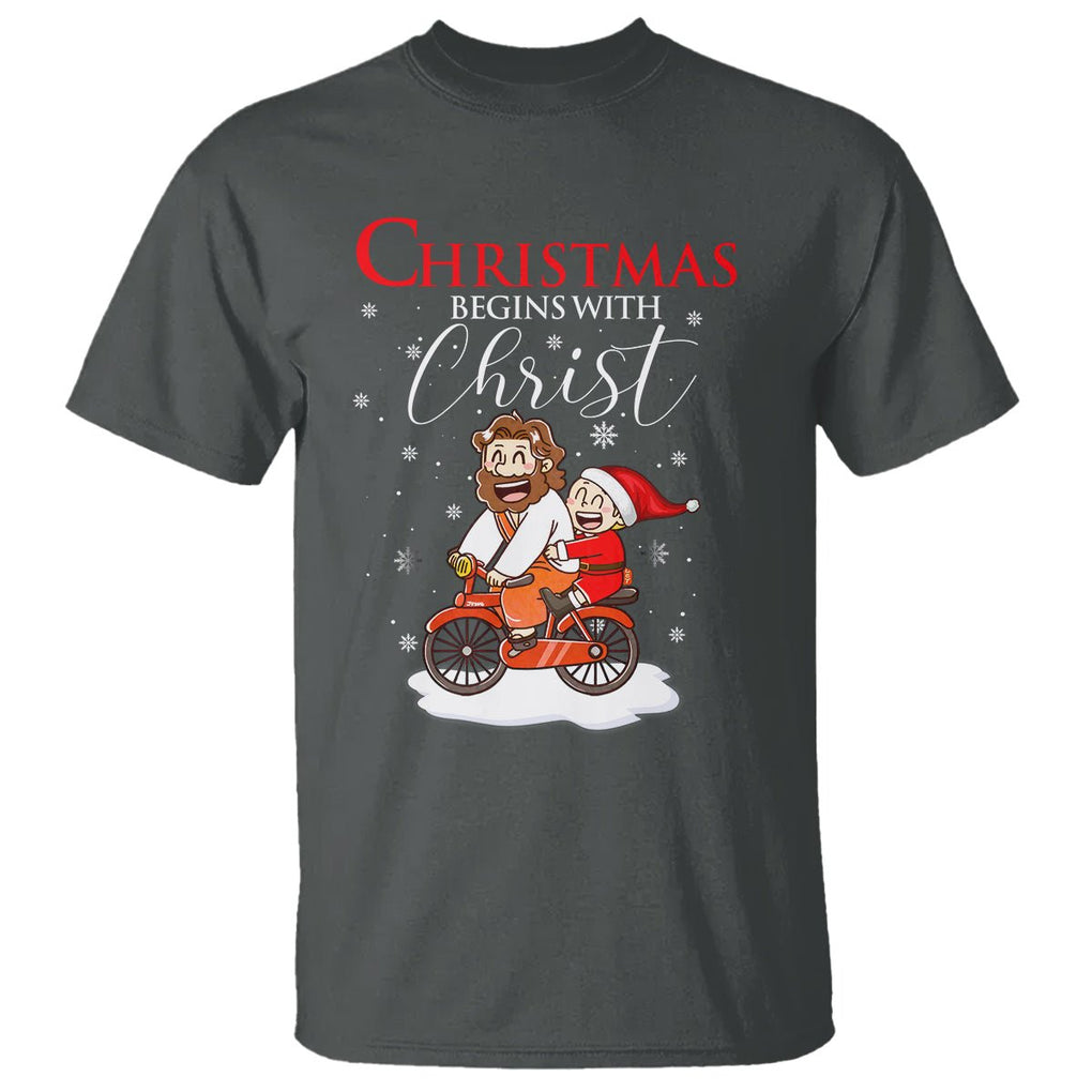 Christmas Begins With Christ Jesus Santa Riding Bicycle T Shirt TS09 Dark Heather Printyourwear