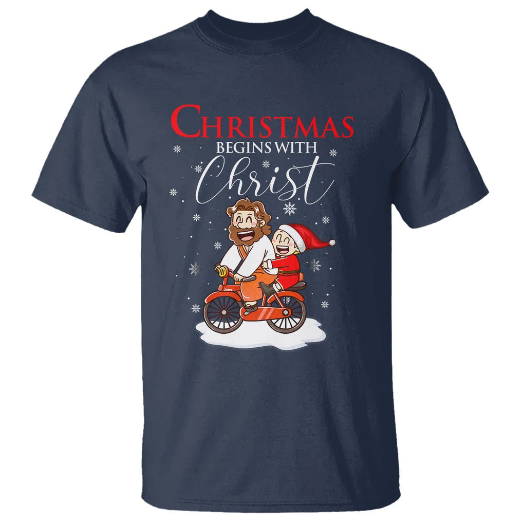 Christmas Begins With Christ Jesus Santa Riding Bicycle T Shirt TS09 Navy Printyourwear