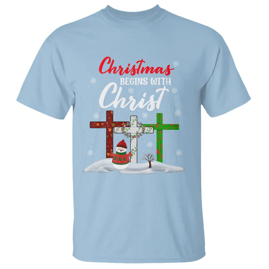 Christmas Begins With Christ Snowman Christian Cross T Shirt TS09 Light Blue Printyourwear