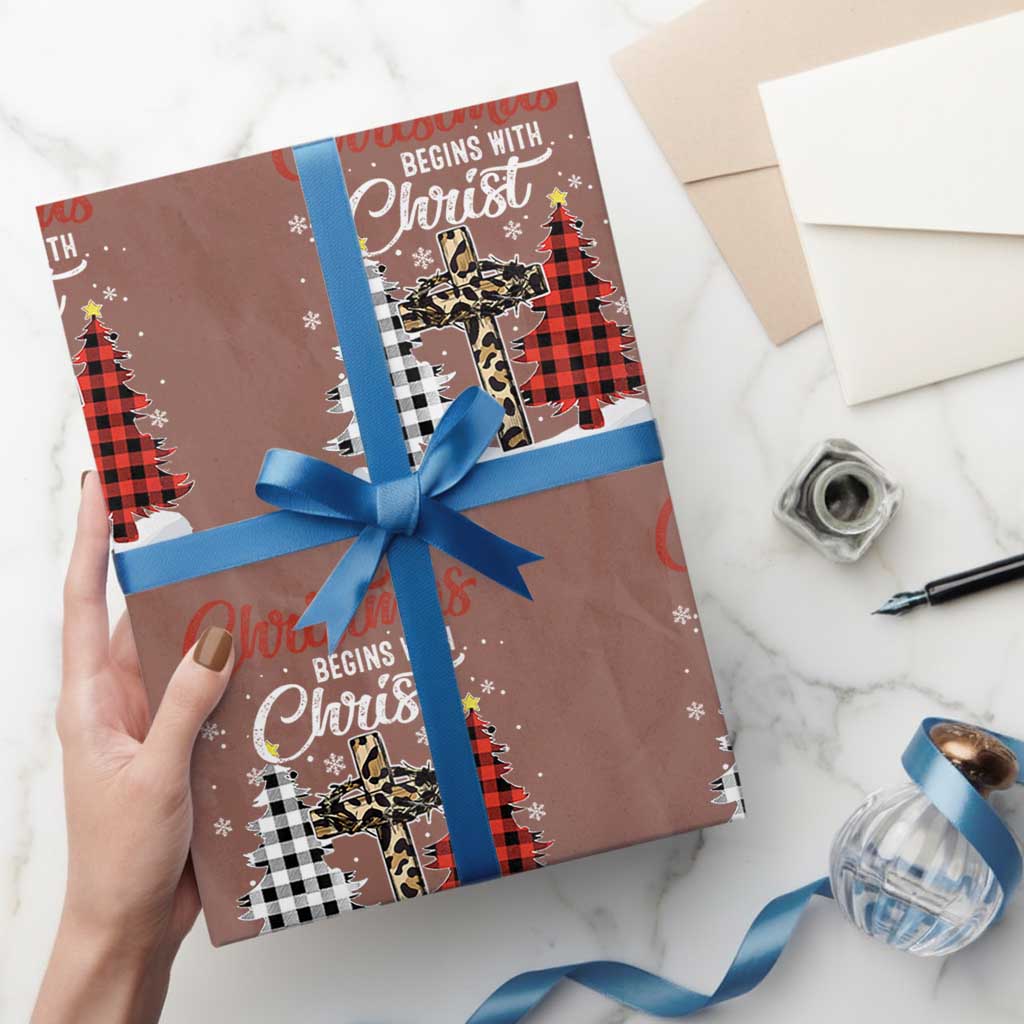 Christmas Begins With Christ Wrapping Paper Roll Leopard Cross Plaid Xmas Tree TS11 Mocha Print Your Wear