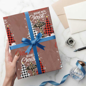 Christmas Begins With Christ Wrapping Paper Roll Leopard Cross Plaid Xmas Tree TS11 Mocha Print Your Wear