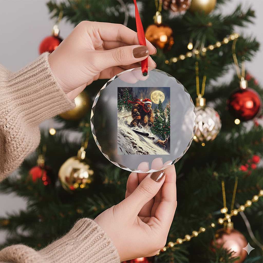 Christmas Bigfoot Skiing Crystal Glass Ornament Funny Santa Sasquatch Snowboard Ski Lover Skier TS10 Print Your Wear