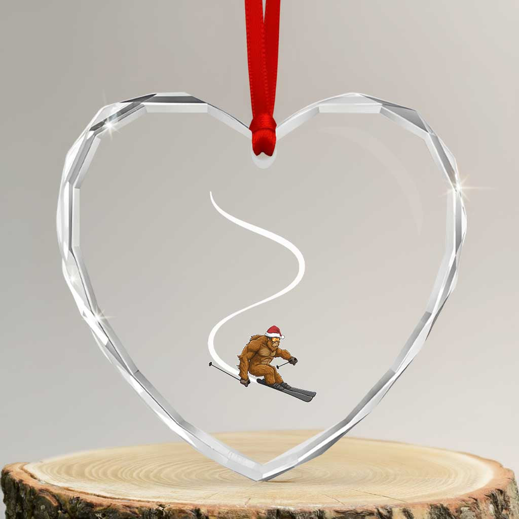 Christmas Bigfoot Skiing Heart Crystal Glass Ornament Funny Santa Sasquatch Ski Lover Mountain Skier Winter Sports TS10 Transparent Glass 3'' Heart Print Your Wear