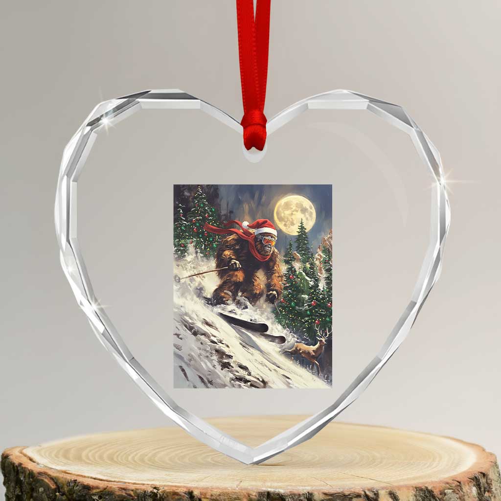 Christmas Bigfoot Skiing Heart Crystal Glass Ornament Funny Santa Sasquatch Snowboard Ski Lover Skier TS10 Transparent Glass 3'' Heart Print Your Wear