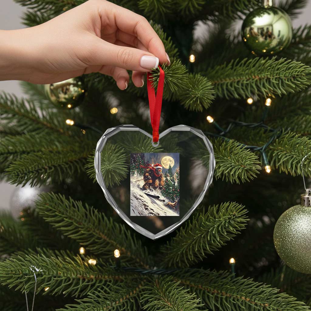 Christmas Bigfoot Skiing Heart Crystal Glass Ornament Funny Santa Sasquatch Snowboard Ski Lover Skier TS10 Print Your Wear