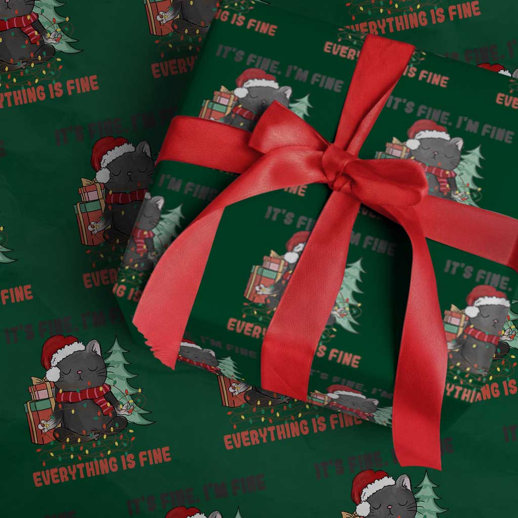 Christmas Black Cat Wrapping Paper Roll It's Fine I'm Fine Everything Is Fine Xmas Light Funny TS02 Green Print Your Wear