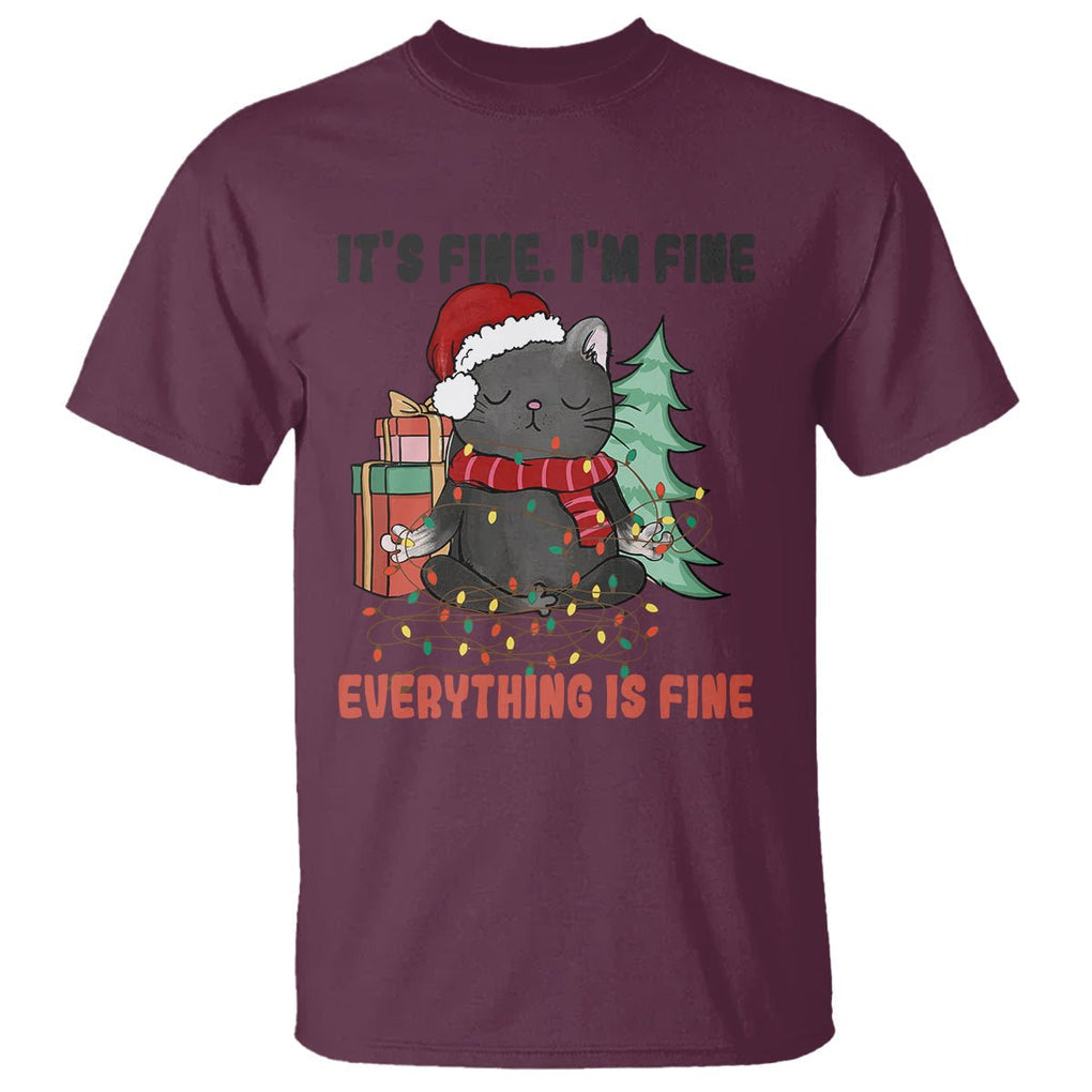 Christmas Black Cat T Shirt It's Fine I'm Fine Everything Is Fine Xmas Light Funny TS02 Maroon Printyourwear