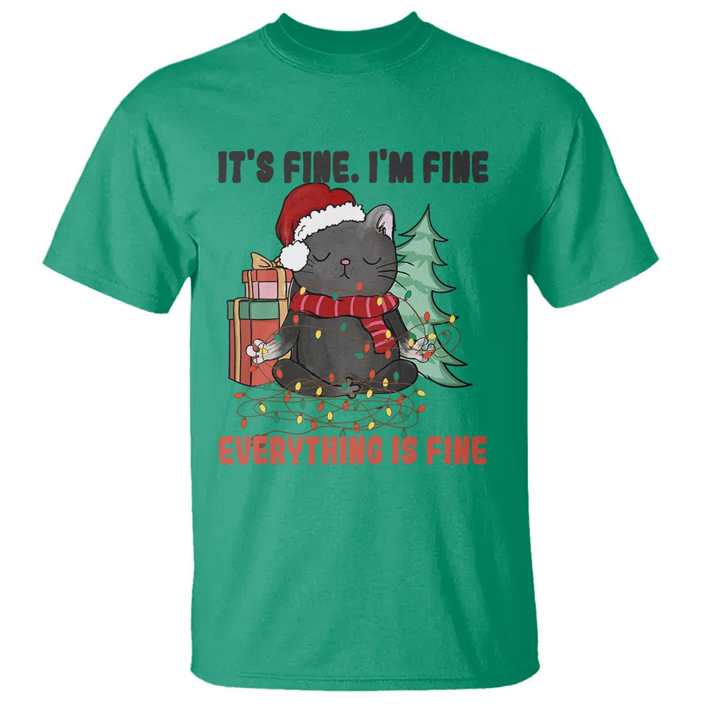 Christmas Black Cat T Shirt It's Fine I'm Fine Everything Is Fine Xmas Light Funny TS02 Irish Green Printyourwear