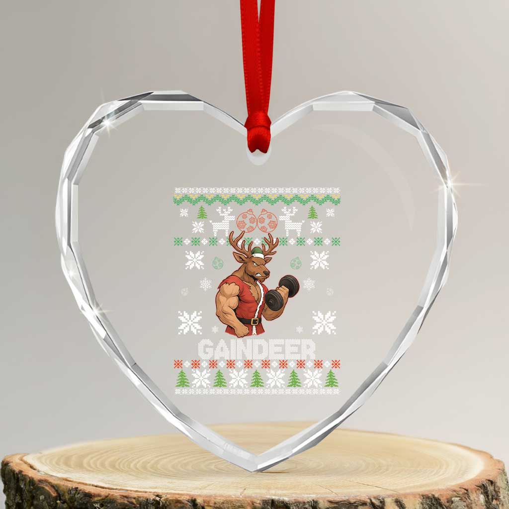 Funny Christmas Workout Gaindeer Heart Crystal Glass Ornament Muscular Reindeer Holiday Gym Humor Wordplay TS02 Transparent Glass 3'' Heart Print Your Wear
