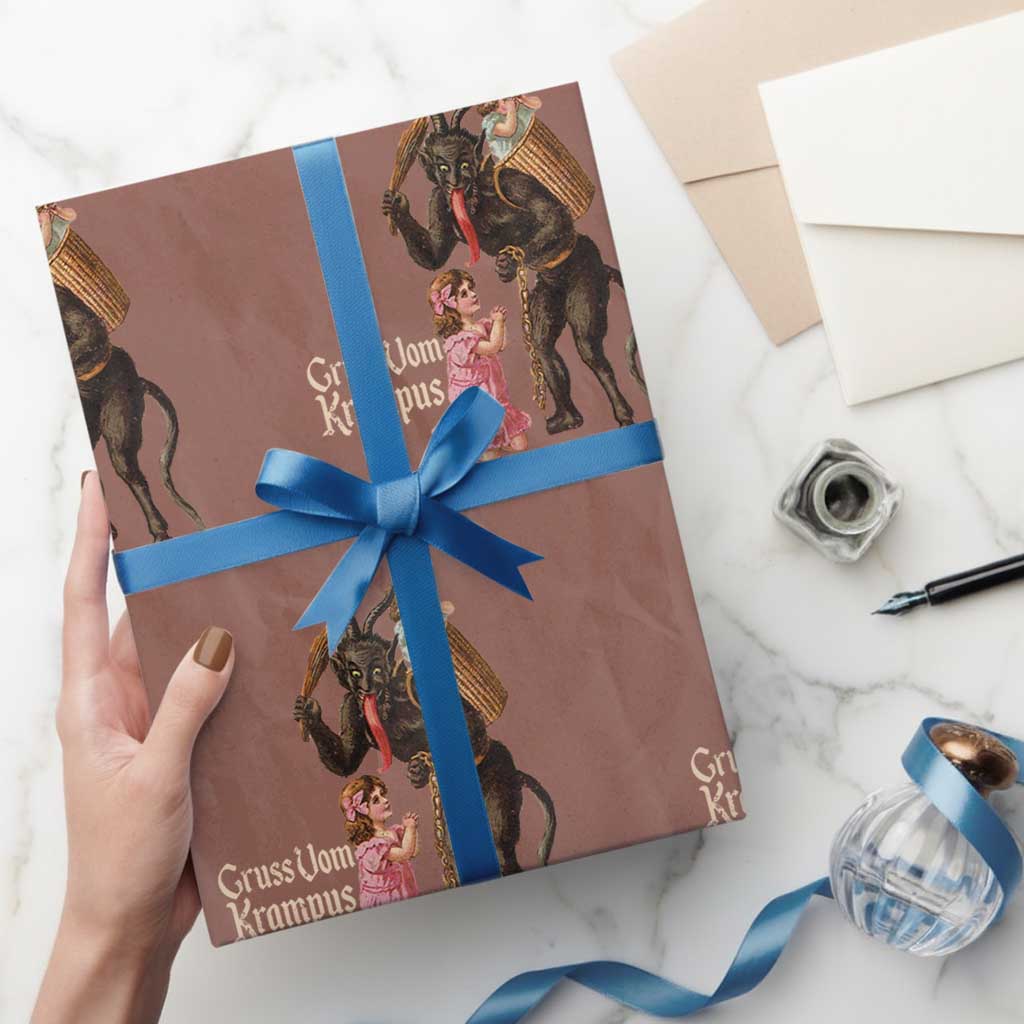 Christmas Creepy Krampus Wrapping Paper Roll Greetings From Gruss Vom Krampus TS11 Mocha Print Your Wear