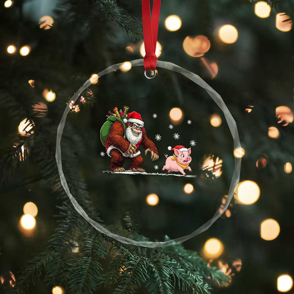 Christmas Cryptid Farm Life Gift Crystal Glass Ornament Funny Bigfoot Chasing Pig TS12 Print Your Wear