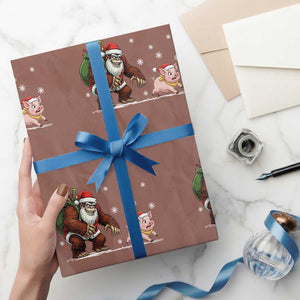 Christmas Cryptid Farm Life Gift Wrapping Paper Roll Funny Bigfoot Chasing Pig TS12 Mocha Print Your Wear