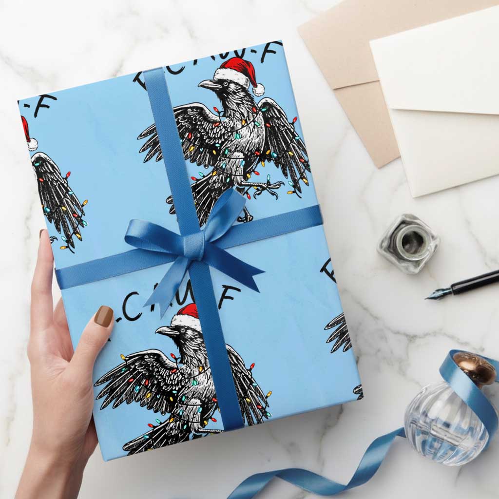 Christmas F Caw F Wrapping Paper Roll Funny Black Crow Meme TS14 Light Blue Print Your Wear