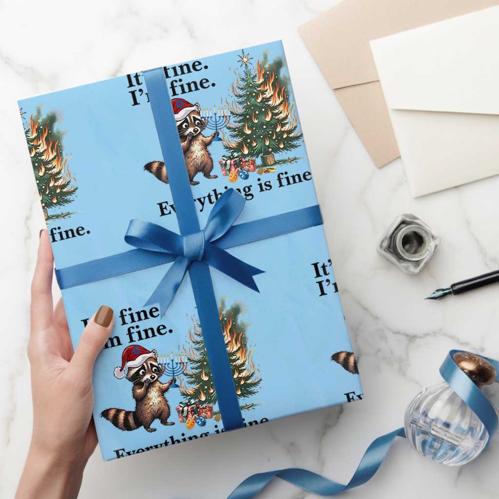 Christmas Hanukkah Racoon Wrapping Paper Roll Funny Its Fine I Am Fine Everything Is Fine TS11 Light Blue Print Your Wear