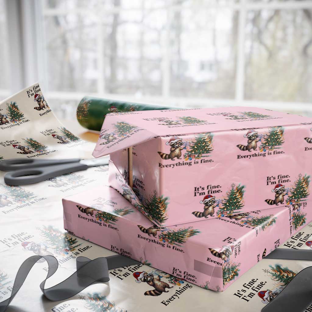 Christmas Hanukkah Racoon Wrapping Paper Roll Funny Its Fine I Am Fine Everything Is Fine TS11 Light Pink Print Your Wear