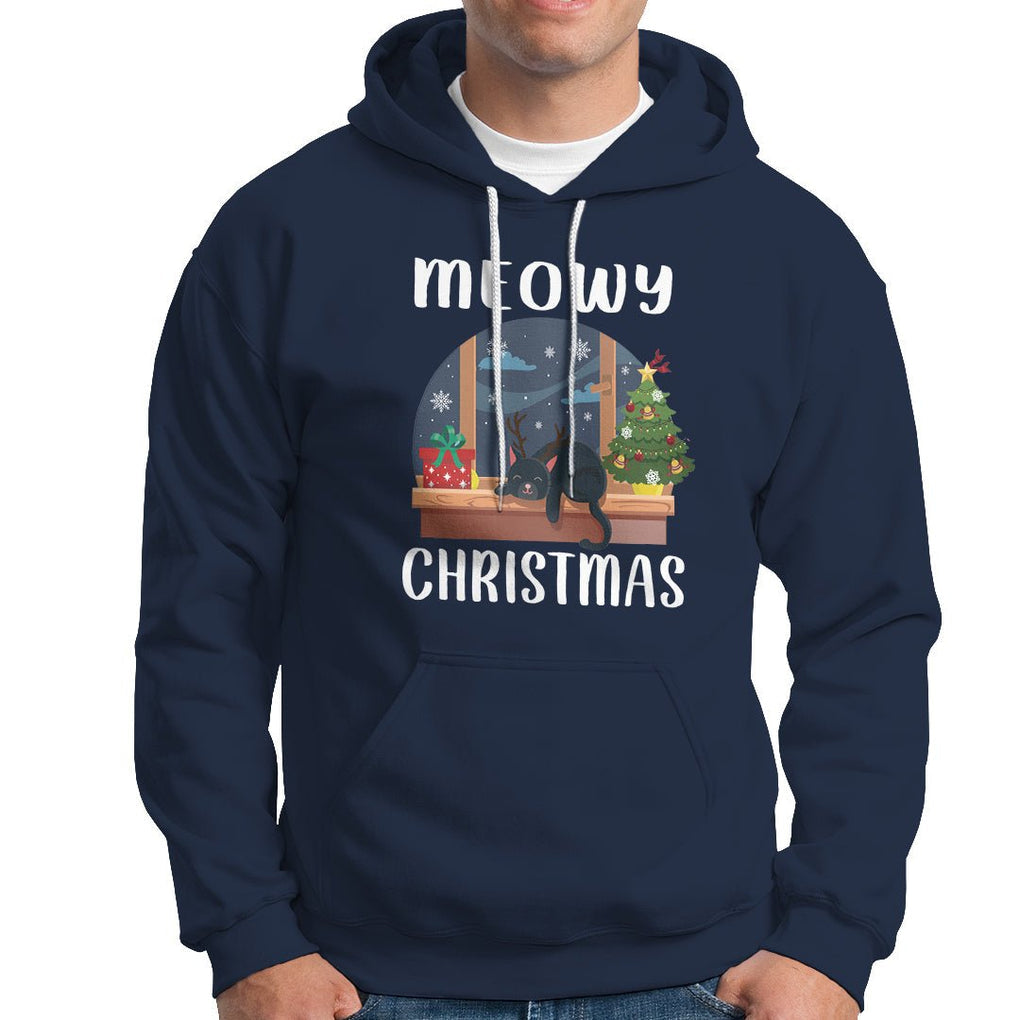 Christmas Hoodie Cat Reindeer Chillin' Xmas Eve Window Meowy TS09 Navy Printyourwear
