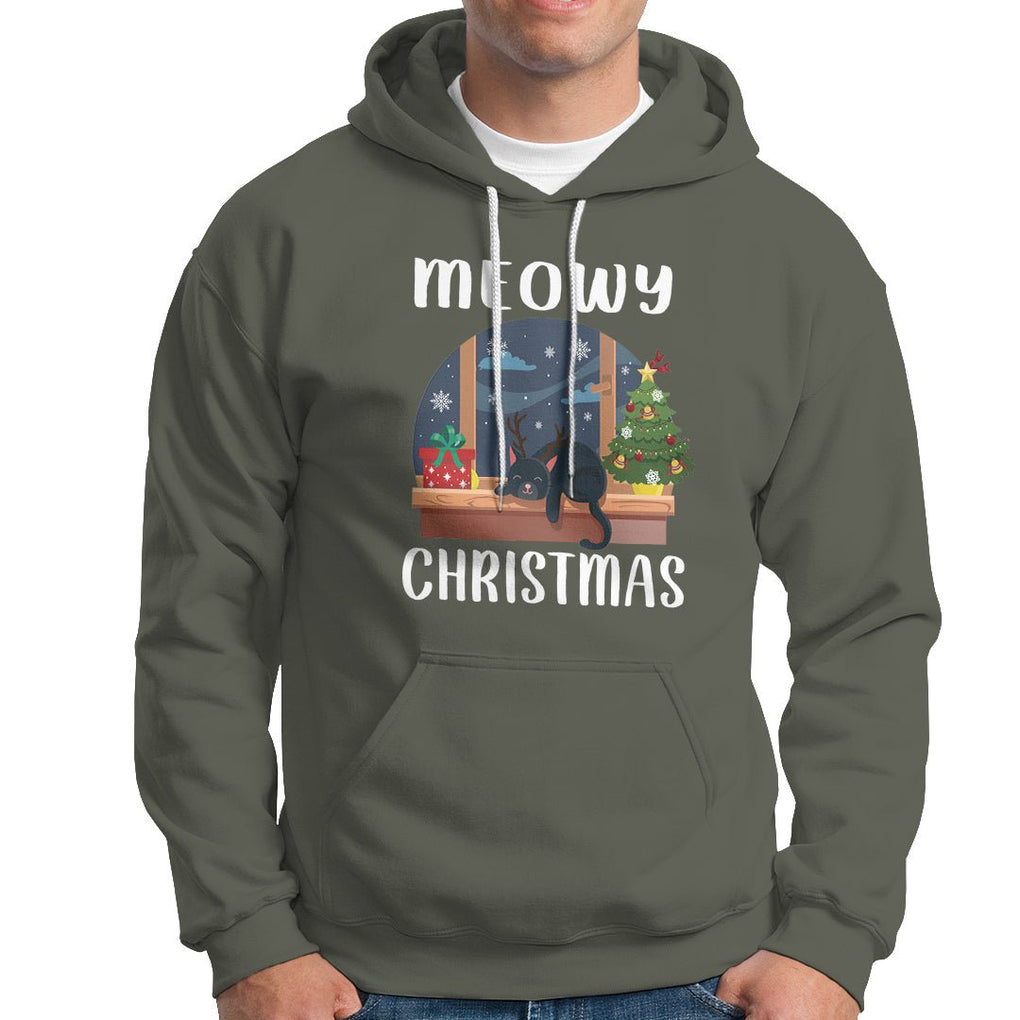 Christmas Hoodie Cat Reindeer Chillin' Xmas Eve Window Meowy TS09 Military Green Printyourwear