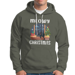 Christmas Hoodie Cat Reindeer Chillin' Xmas Eve Window Meowy TS09 Military Green Printyourwear