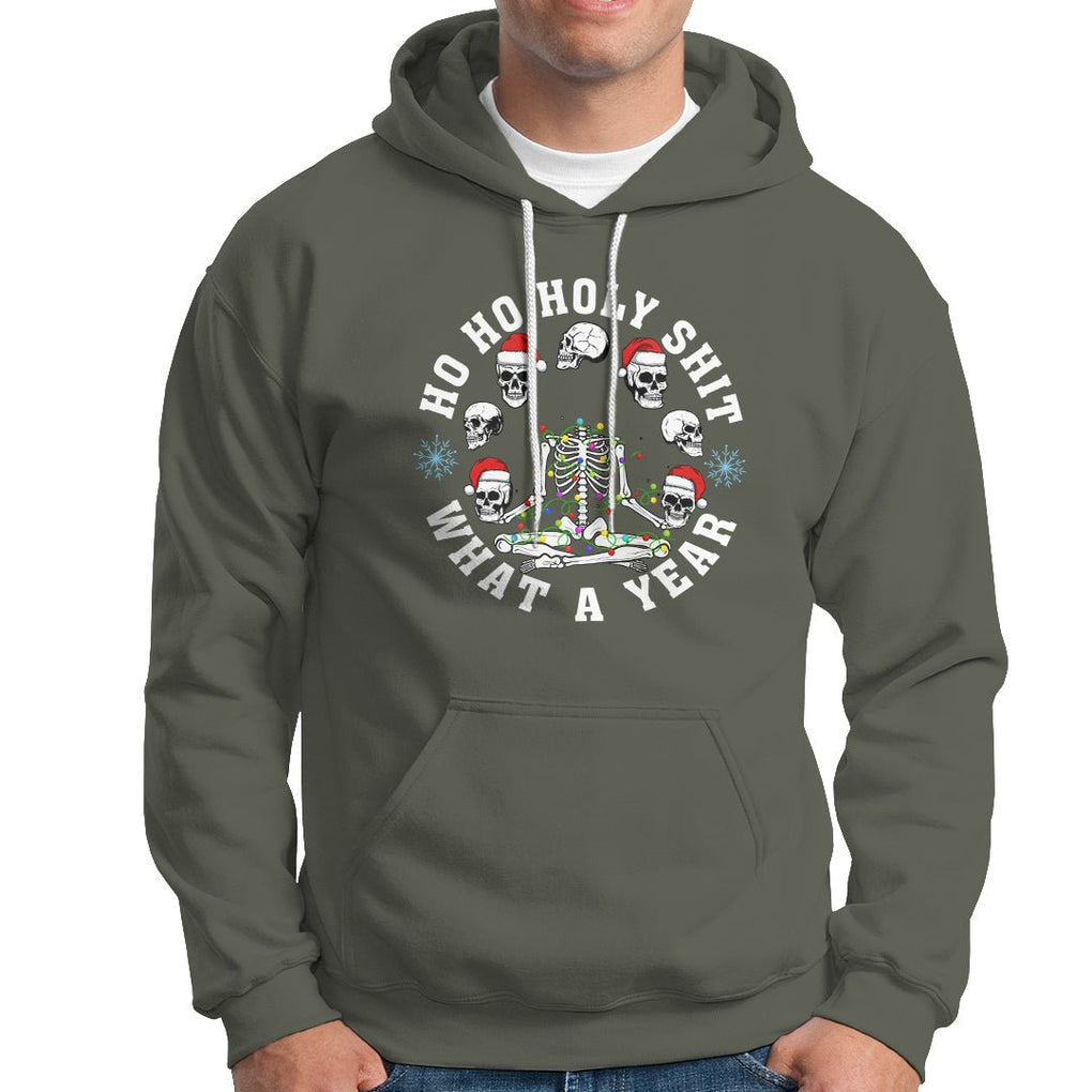 Christmas Hoodie Ho Ho Holy Shit What A Year Funny Skeleton Skull Xmas Hat TS09 Military Green Printyourwear