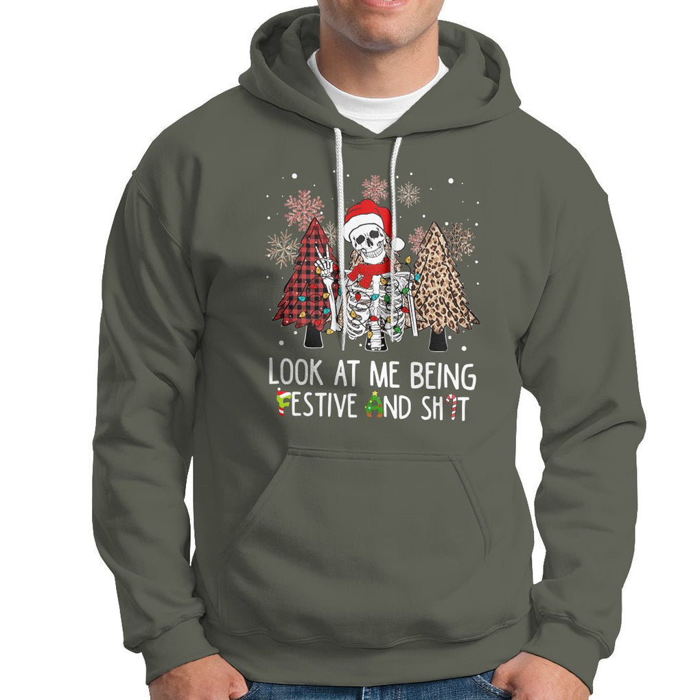 Christmas Hoodie Skeleton Look At Me Being Festival And Shit Leopard Xmas Tree TS09 Military Green Printyourwear