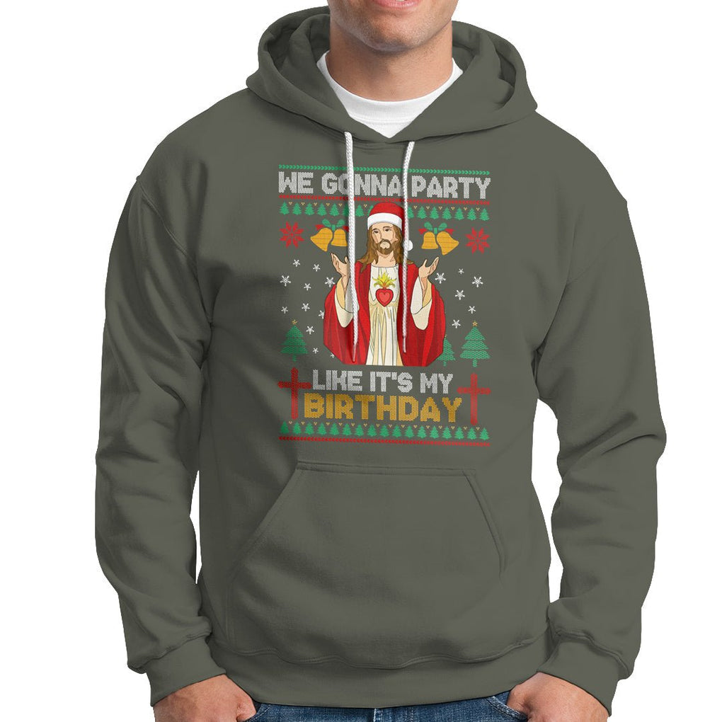 Christmas Hoodie We Gonna Party Like It's My Birthday Jesus TS09 Military Green Printyourwear