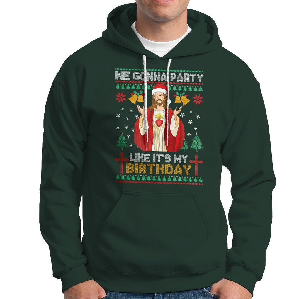 Christmas Hoodie We Gonna Party Like It's My Birthday Jesus TS09 Dark Forest Green Printyourwear