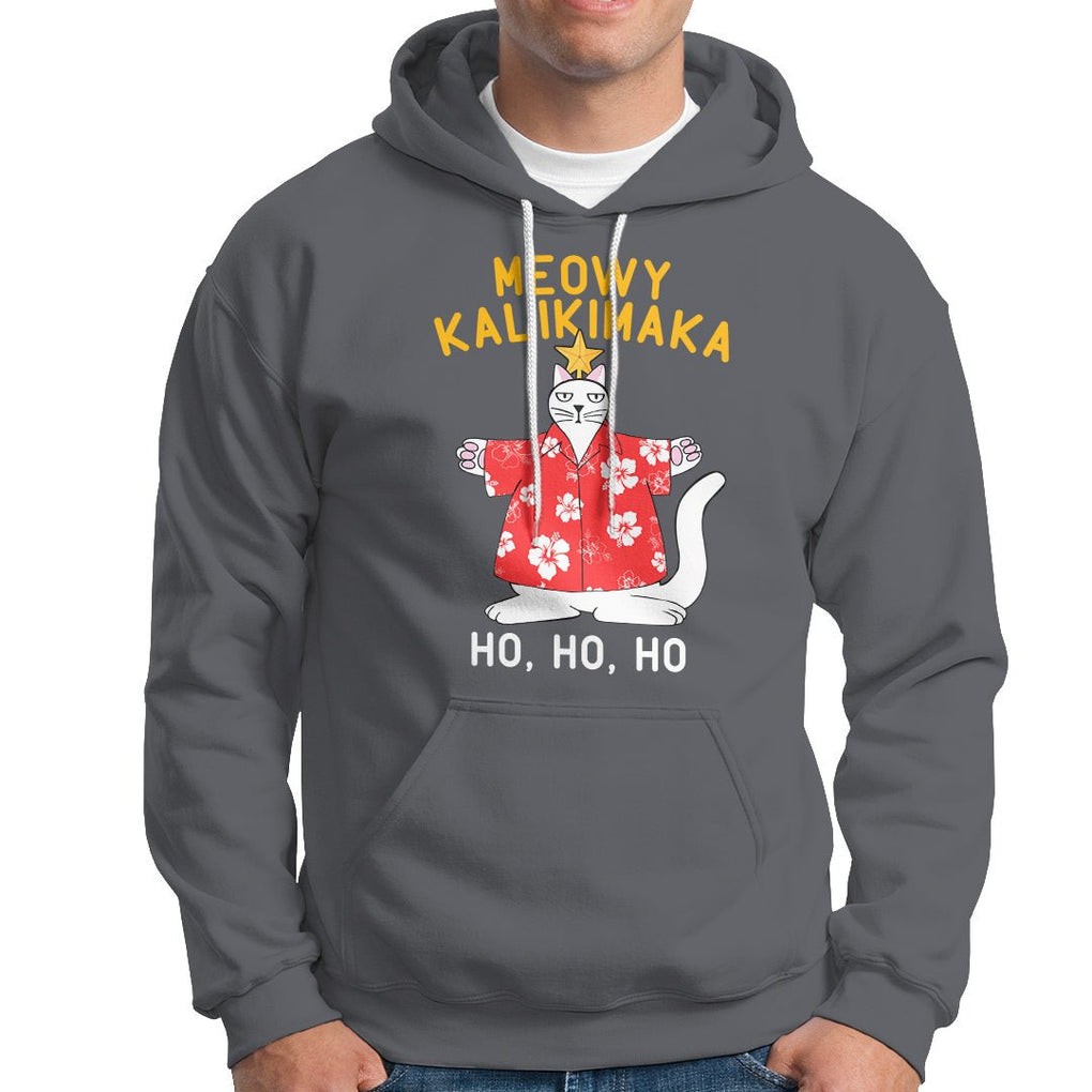 Christmas In Hawaii Hoodie Meowy Kalikimaka Hawaiian Cat Ho Ho Ho Xmas Tree TS09 Charcoal Printyourwear