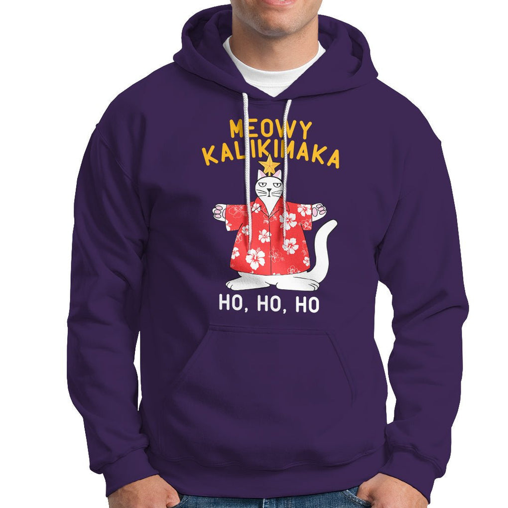 Christmas In Hawaii Hoodie Meowy Kalikimaka Hawaiian Cat Ho Ho Ho Xmas Tree TS09 Purple Printyourwear