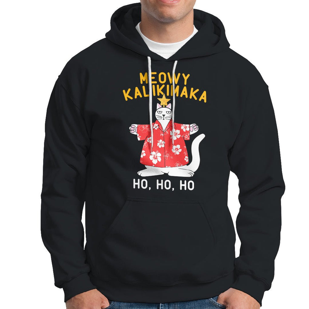 Christmas In Hawaii Hoodie Meowy Kalikimaka Hawaiian Cat Ho Ho Ho Xmas Tree TS09 Black Printyourwear