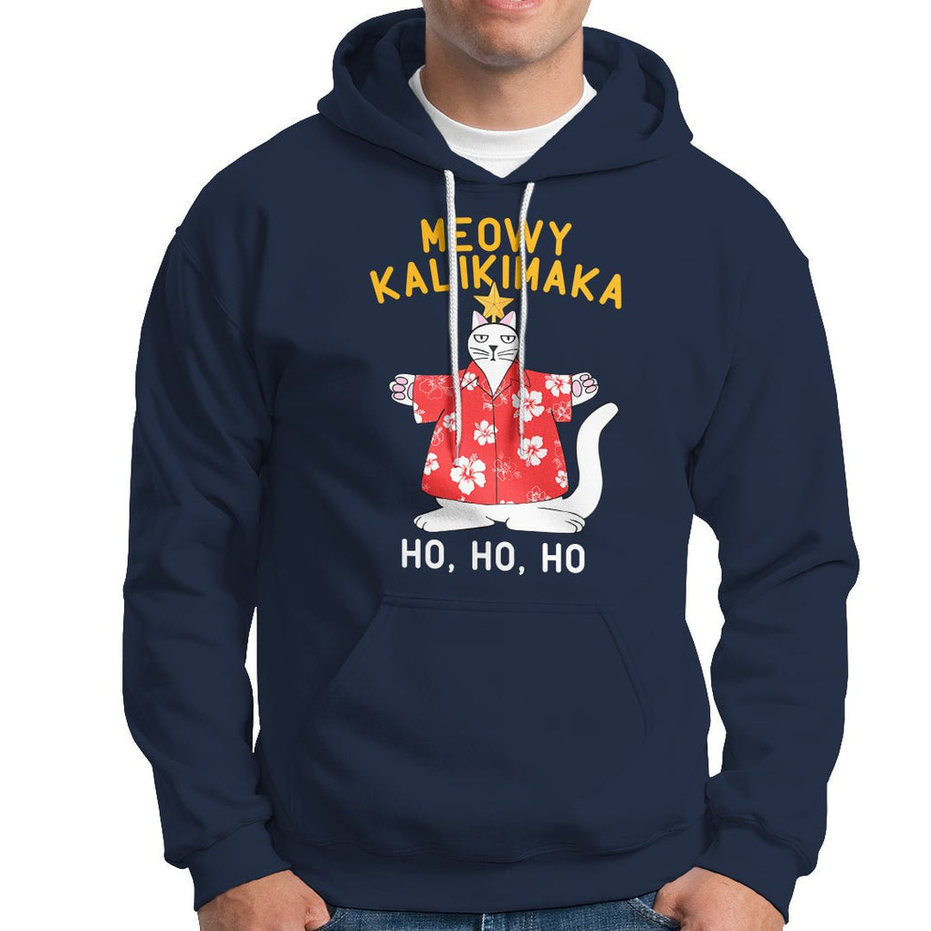 Christmas In Hawaii Hoodie Meowy Kalikimaka Hawaiian Cat Ho Ho Ho Xmas Tree TS09 Navy Printyourwear