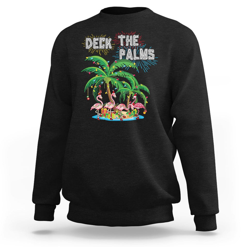 Christmas In Hawaii Sweatshirt Deck the Palms Firework Merry Christmas Flamingo TS09 Black Printyourwear