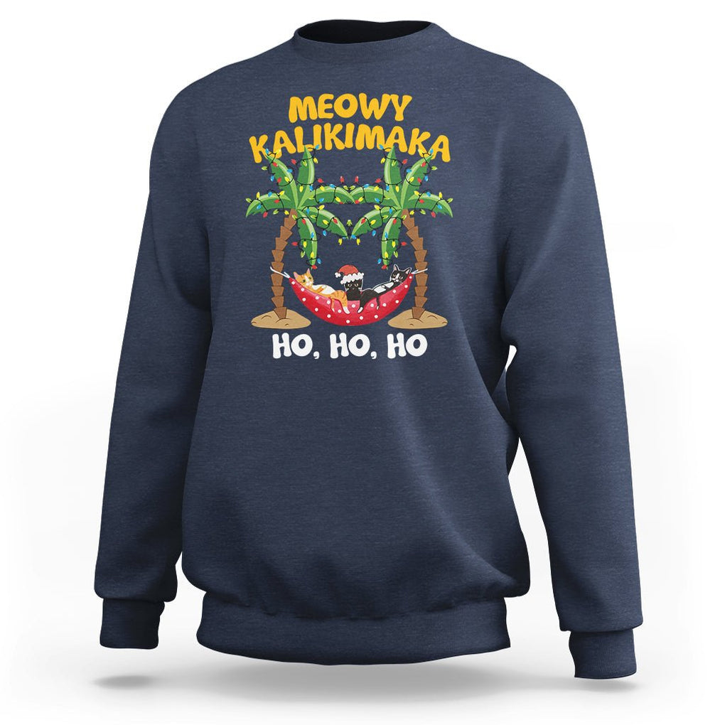Christmas In Hawaii Sweatshirt Meowy Kalikimaka Cat Chillin' Ho Ho Ho Xmas Palm Tree TS09 Navy Printyourwear