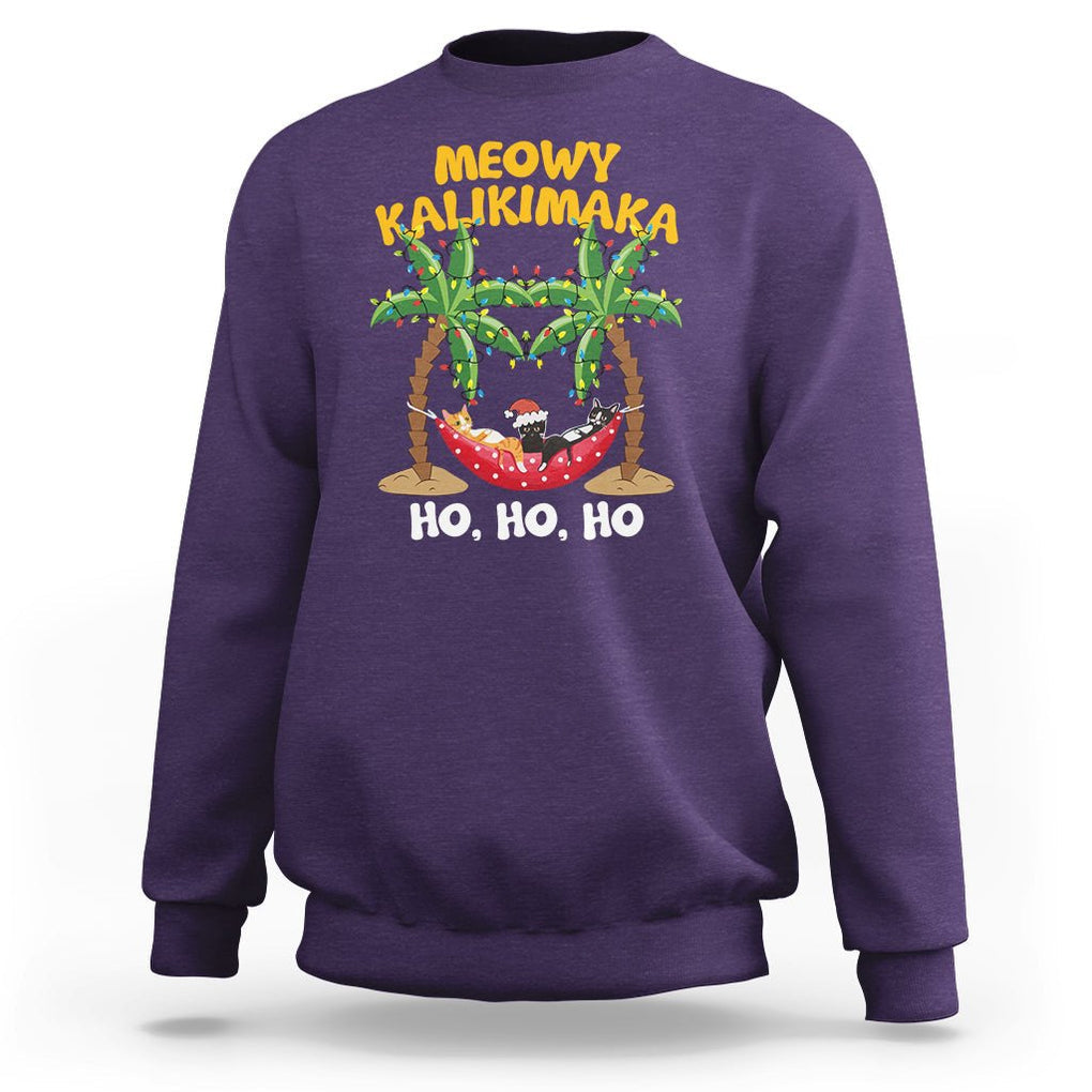 Christmas In Hawaii Sweatshirt Meowy Kalikimaka Cat Chillin' Ho Ho Ho Xmas Palm Tree TS09 Purple Printyourwear