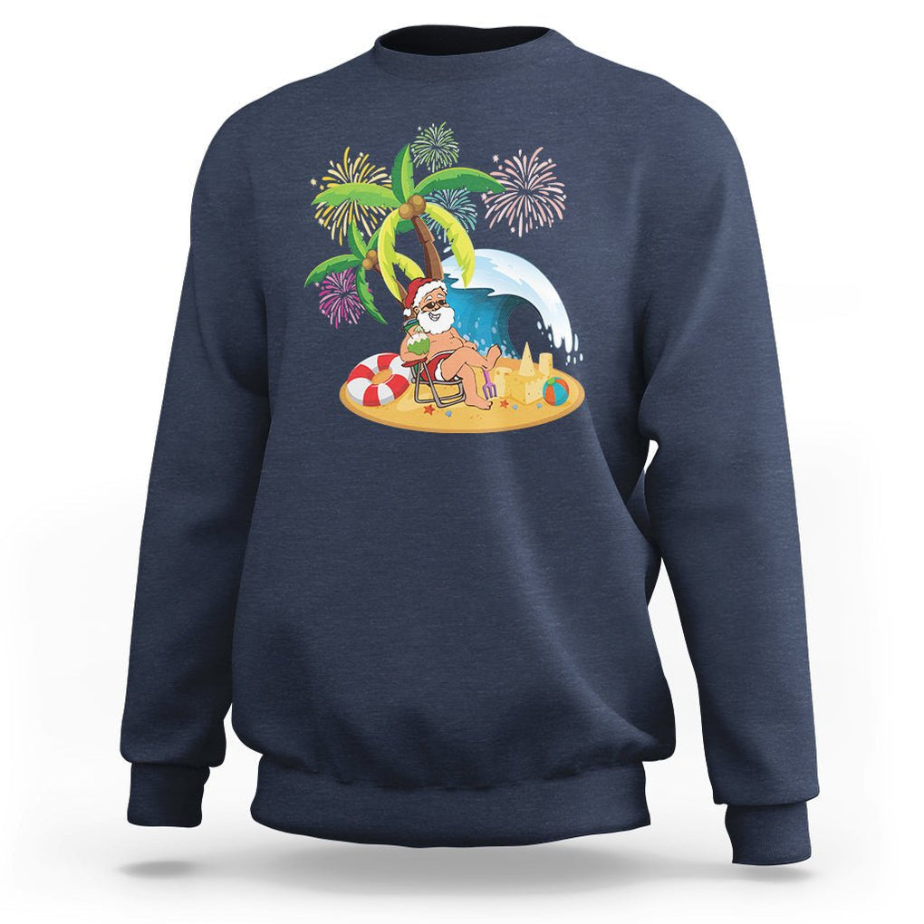 Christmas In Hawaii Sweatshirt Palm Tree Firework Santa At Beach Drinking Coconut TS09 Navy Printyourwear