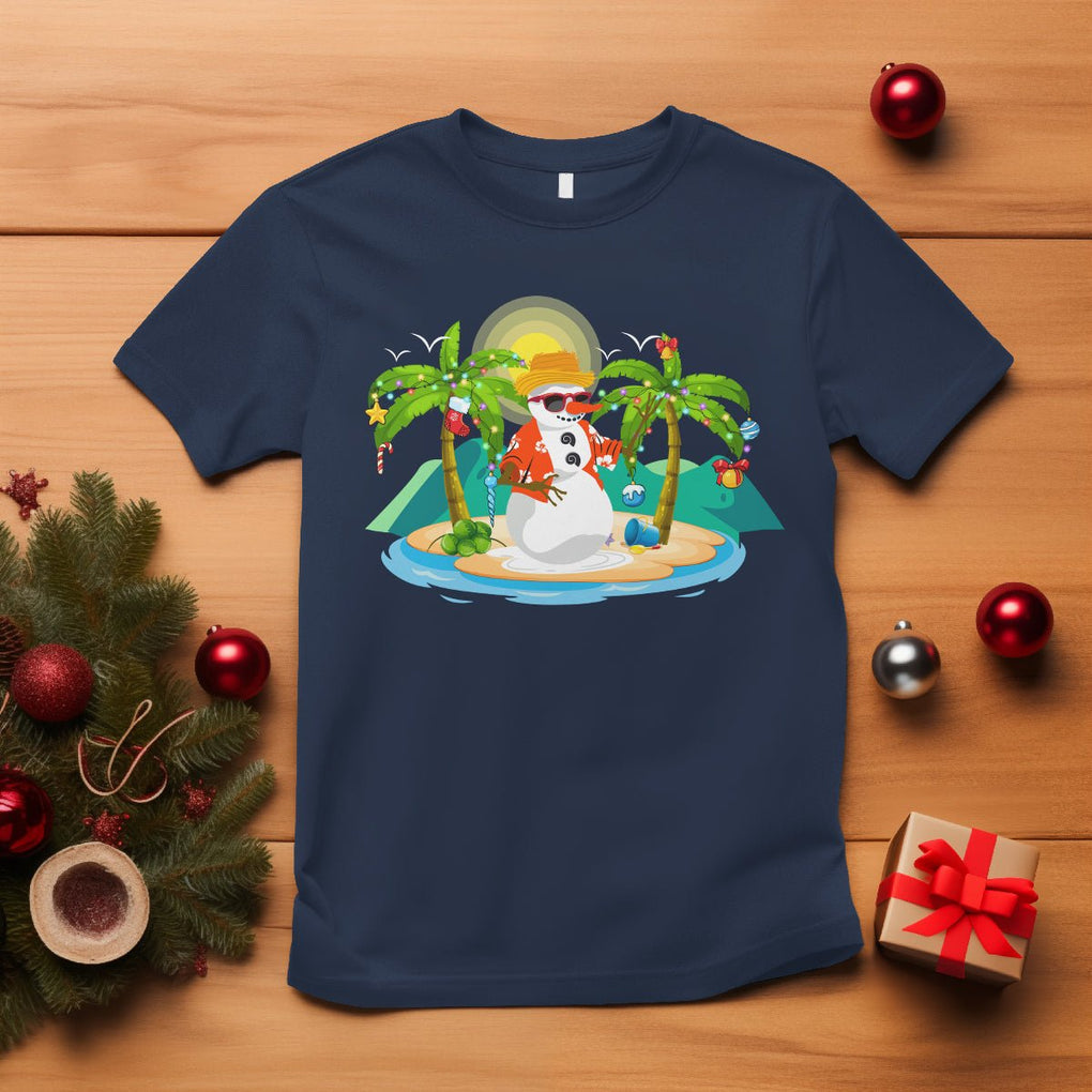 Christmas In July T Shirt Hawaiian Snowman Xmas Palm Tree At The Beach TS09 Navy Printyourwear