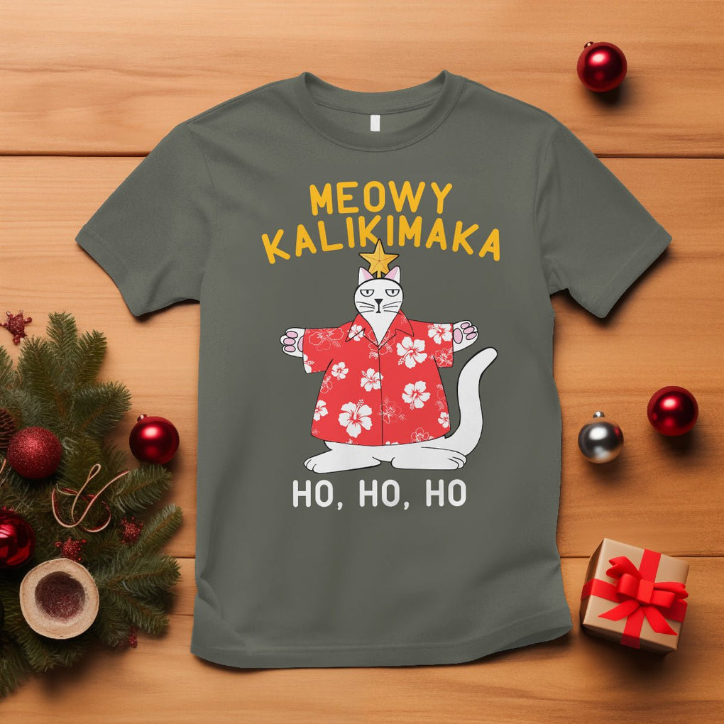 Christmas In July T Shirt Meowy Kalikimaka Hawaiian Cat Ho Ho Ho Xmas Tree TS09 Military Green Printyourwear