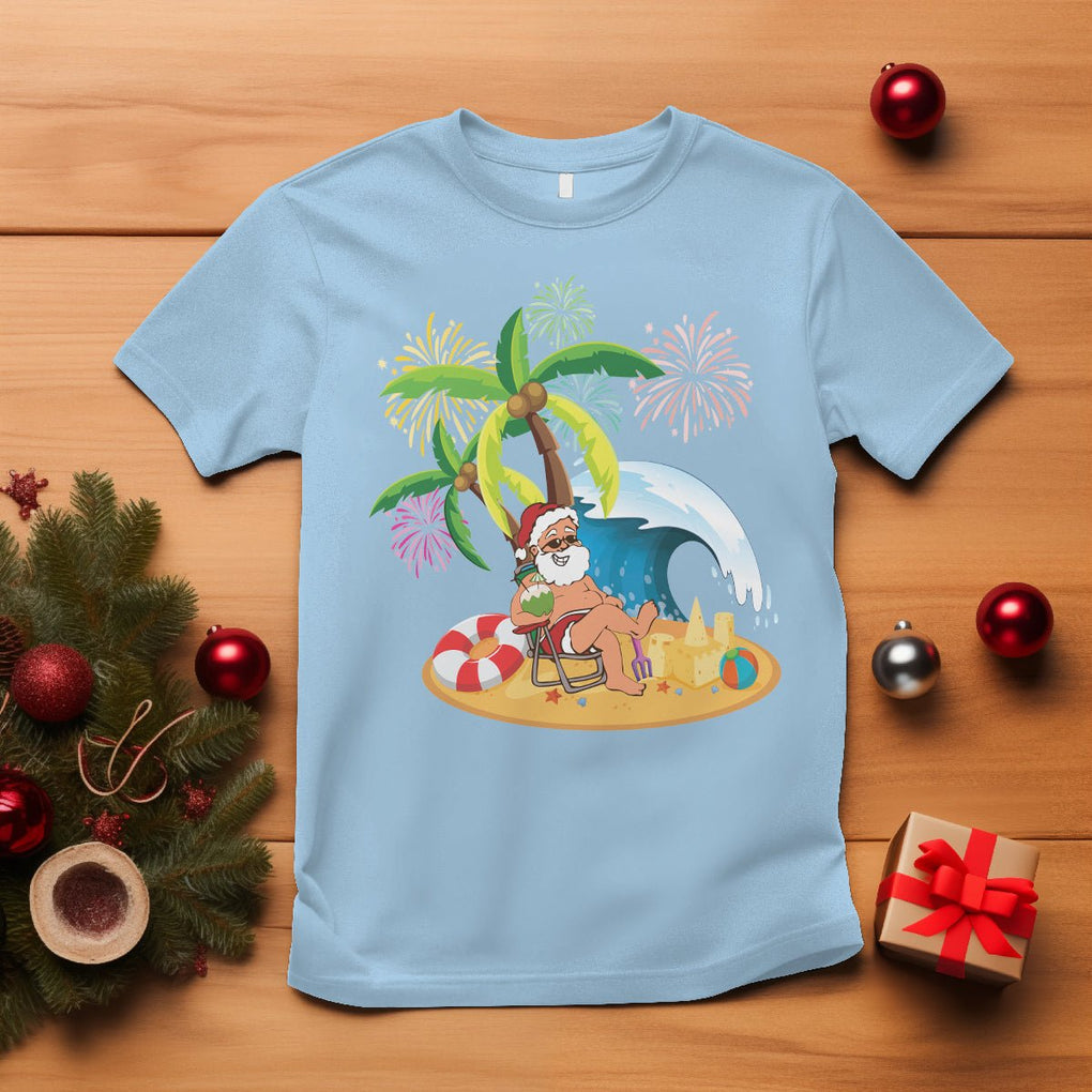 Christmas In July T Shirt Palm Tree Firework Santa At Beach Drinking Coconut TS09 Light Blue Printyourwear