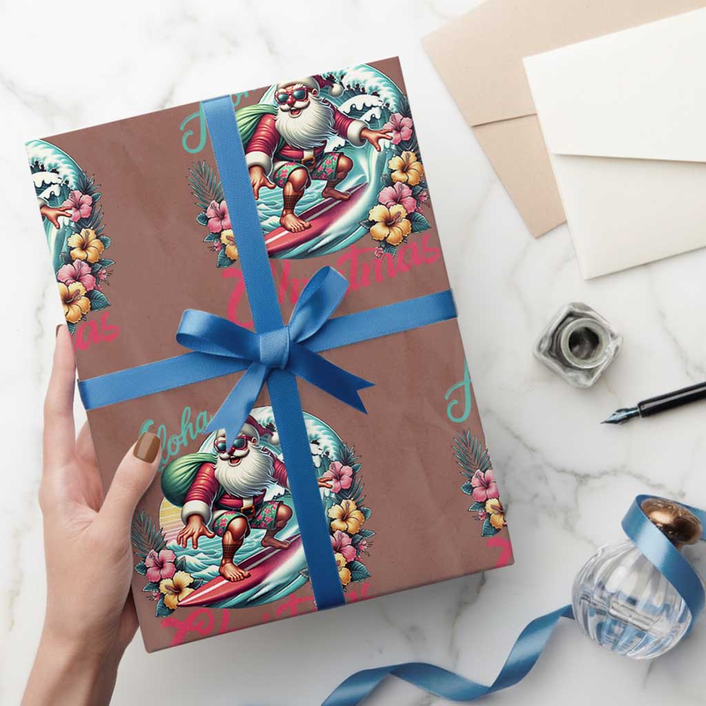 Christmas In Hawaii Wrapping Paper Roll Aloha Christmas Santa Surfing Hibiscus Flower TS11 Mocha Print Your Wear