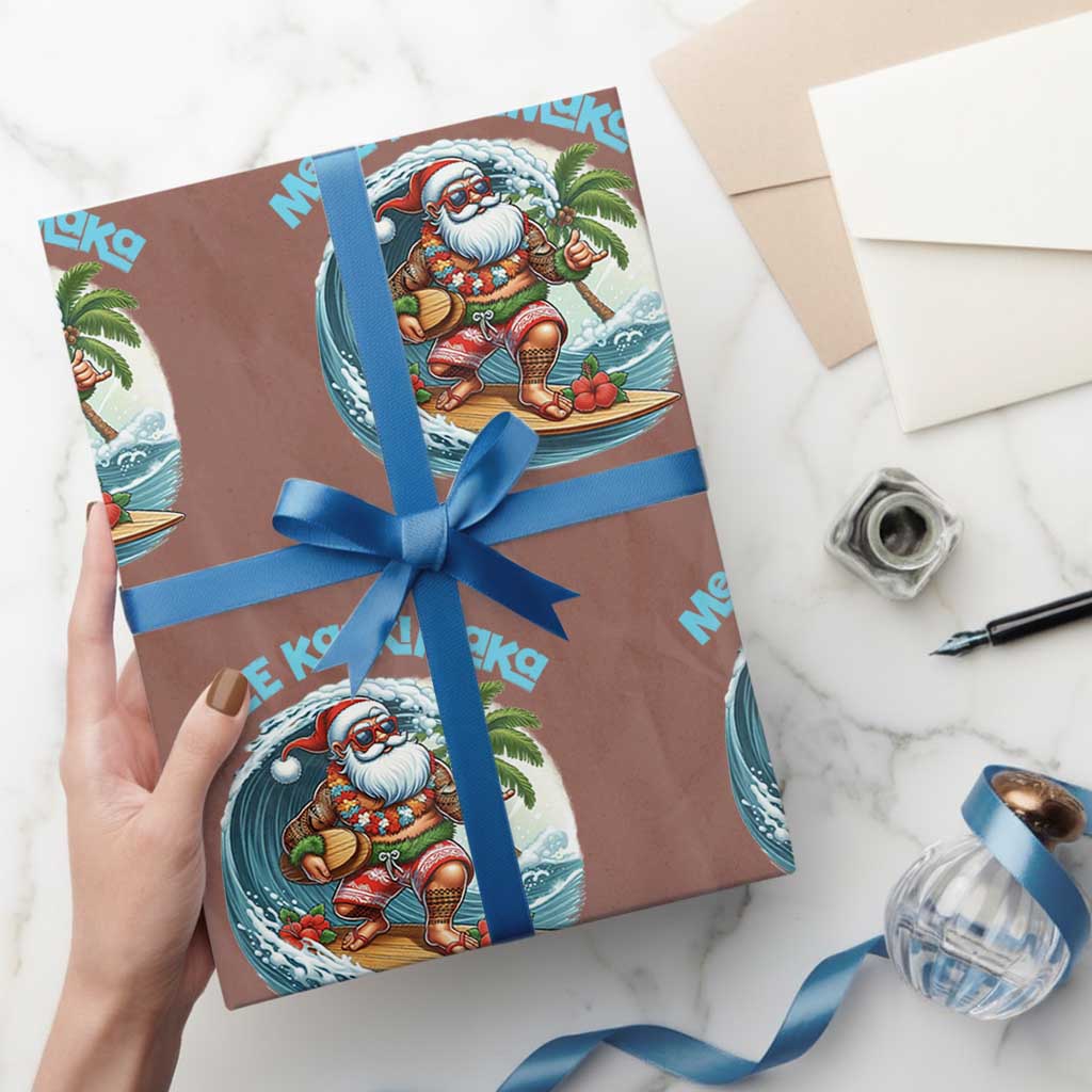 Christmas In Hawaii Wrapping Paper Roll Mele Kalikimaka Santa Surfing Hibiscus TS11 Mocha Print Your Wear